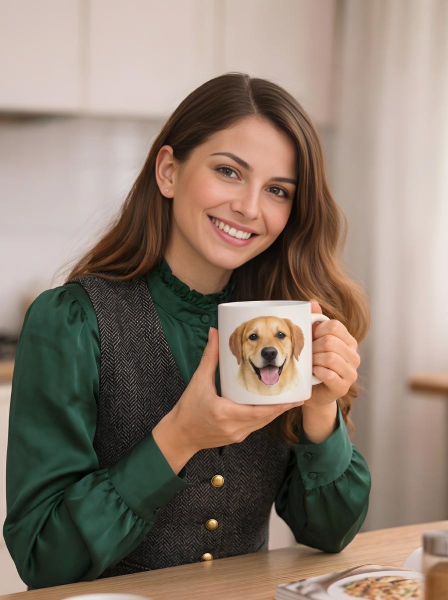 woman holding a mug with a pet design