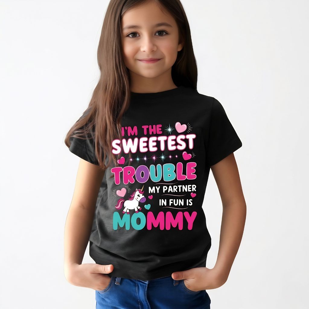 A young girl wearing a t-shirt with design the read I am the sweetest