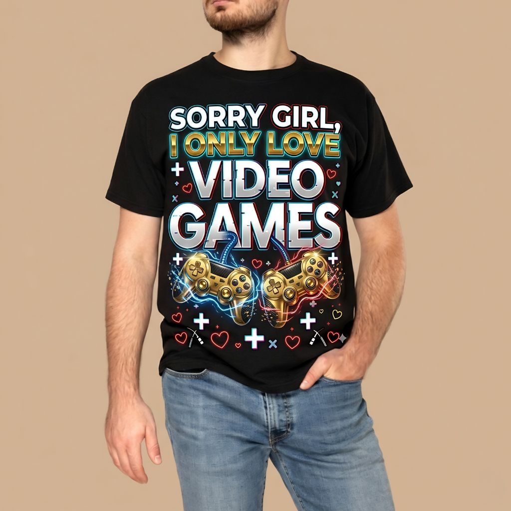 A young man wearing a video game t-shirt