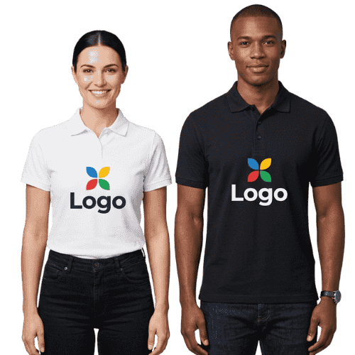 A woman in a white polo shirt and a man in a black polo shirt standing side-by-side. Both shirts feature a colorful four-petal logo above the word 'Logo' printed on the chest.